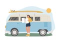 Girl traveling by car with a map, navigation, route search. Modern female full-length character. Royalty Free Stock Photo