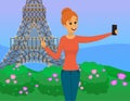 Girl traveling in Paris and taking selfie on background of Eiffel Tower. Lady during tour in france