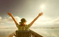 Girl travels by boat on Lake Inle. Myanmar Royalty Free Stock Photo