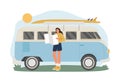 The girl travels by car on summer vacation. Happy girl in a van during summer travel. Women in a van