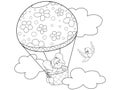 Girl travels in hot air balloon, bird flies nearby. Childrens coloring, black lines, white background.