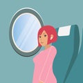 The girl travels by plane. The passenger listens to music in wireless headphones. Safe flight concept. Vector illustration of a