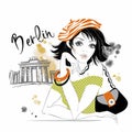 The girl travels to Germany. Berlin. Brandenburg gates. Vector