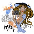 The girl travels to Turkey and photographs the sights . Istanbul Hagia Sophia. Vector