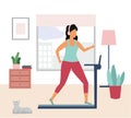 Girl treadmill at home. woman running on a treadmill at home. flat