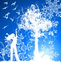 Girl, tree, birds & snowflakes Royalty Free Stock Photo