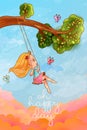 Girl on tree swing in front of romantic cloudscape. Hapy life concept Royalty Free Stock Photo