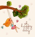 Girl on tree swing. Hapy life concept.