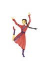 Girl with tress dancing in red Kazakh wedding dress. Cartoon character. Hand drawn watercolour illustration isolated on Royalty Free Stock Photo