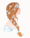 Girl with tress, wedding hair style with flowers, hand drawn vector illustration