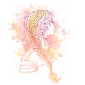 Girl with tress. Wedding hair style with flowers from the back, hand drawn vector illustration