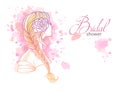 Girl with tress. Wedding hair style with flowers from the back, hand drawn vector outline illustration