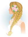 Girl with tress, wedding hair style with flowers , hand drawn vector illustration