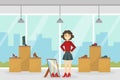 Girl Trying on Footwear in Shoes Shop, Young Woman Shopping in Mall Cartoon Vector Illustration Royalty Free Stock Photo
