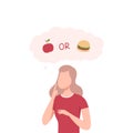Girl Trying to Make Decision, Apple or Burger, Woman hoosing Between Healthy and Unhealthy Food Flat Vector Illustration
