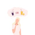Girl Trying to Make Decision, Soda Drink or Fresh Juice, Woman hoosing Between Healthy and Unhealthy Food Flat Vector