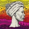 Girl in turban with African hand draw ethno pattern, tribal background. Beautiful black woman. Profile view. Vector illustration