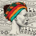 Girl in turban with African hand draw ethno pattern, tribal background.