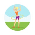 Girl Twirling Hula Hoop Around Her Waist in Nature Wearing Sports Uniform, Physical Workout Training, Active Healthy Royalty Free Stock Photo