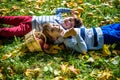 Girl and two boys lay on the grass and eat apples Royalty Free Stock Photo