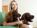 Girl with two Irish setters at home Royalty Free Stock Photo