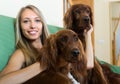 Girl with two Irish setters at home Royalty Free Stock Photo