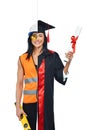 Girl in two occupations of buider and proud graduate.