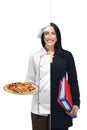 Girl in two occupations of pizza maker and businesswoman. Royalty Free Stock Photo