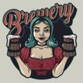 Girl with two pints of beer logo emblem bar menu Royalty Free Stock Photo