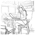 Girl Typing On Laptop Computer, Sketch Young Woman Chatting Online Sitting On Chair Living Room Interior Royalty Free Stock Photo