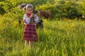 girl in a Ukrainian dress grazes cows Royalty Free Stock Photo