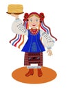 The girl in the Ukrainian national costume regales pancakes on S