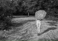 Girl with umbrella, b&w photo Royalty Free Stock Photo