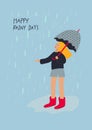 Girl umbrella enjoy rain illustration postcard Royalty Free Stock Photo