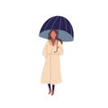 Girl with umbrella flat vector illustration. Autumn season, rainy day, walk under rain. Young woman standing alone. Lady Royalty Free Stock Photo