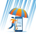 A girl with an umbrella protects her mobile phone from hacker attacks. Royalty Free Stock Photo