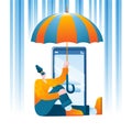 A girl with an umbrella protects her mobile phone from hacker attacks. Royalty Free Stock Photo