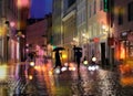 Girl with umbrella rain drops on window vitrines  view from  rainy street night people walking with umbrellas evening light reflec Royalty Free Stock Photo