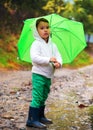 Girl with an umbrella in the rain runs through the puddles Royalty Free Stock Photo