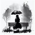 Girl with Umbrella Sitting on a Park Bench on a Foggy Morning, Made with Generative AI Royalty Free Stock Photo