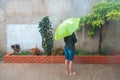 Girl with umbrella standing in the park in the middle of the water Woman alone in the rain Royalty Free Stock Photo