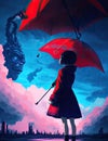 Girl with Umbrella in Urban Skyline