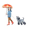 Girl with an umbrella walks a dog. Watercolor illustration in cartoon style
