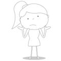 Girl uncertain with shoulders raised, cartoon style illustration