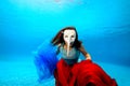Girl underwater in a white mask posing on the blue background. Royalty Free Stock Photo