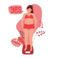 Girl in underwear on the floor scales. She rejoices that her weight has decreased. Concept of losing weight. The problem of excess