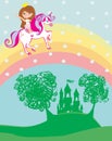 Girl on a unicorn flying on a rainbow