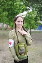 Girl in the uniform of the Soviet nurse of times of World War II Royalty Free Stock Photo