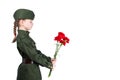 girl in uniform is standing sideways with a bouquet of red flowers, on a white background