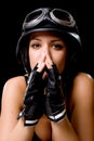 Girl with US Army-style motorcycle helmet Royalty Free Stock Photo